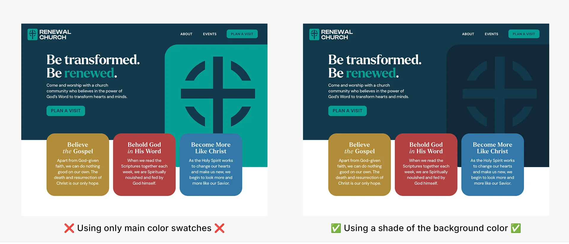 Example of using color shade on a church website homepage