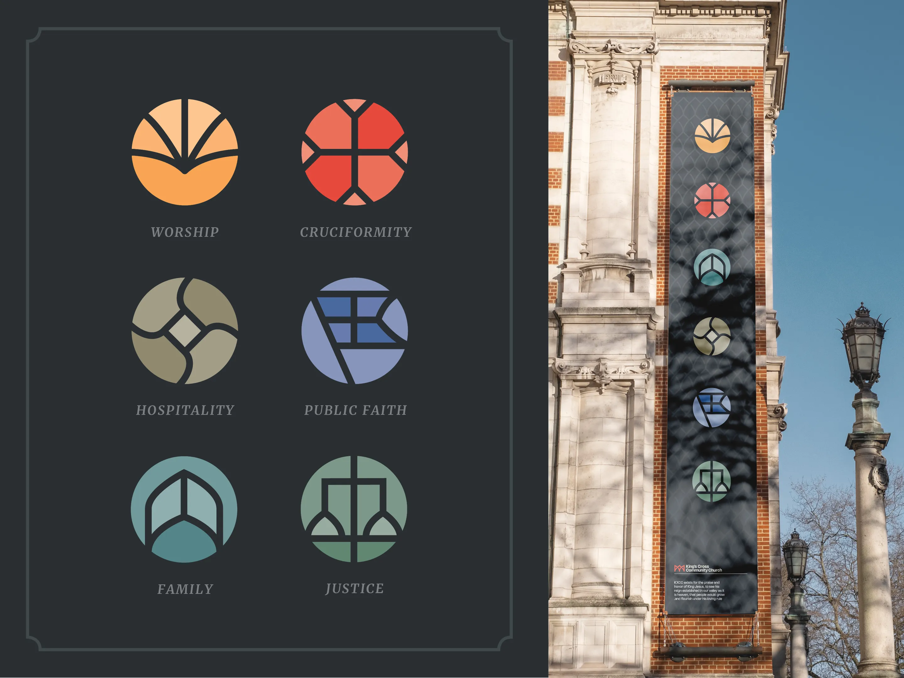 A church core values icon set with colorful shapes